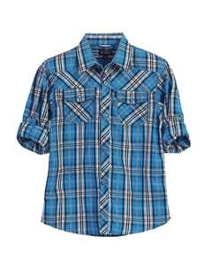 Рубашка в клетку с длинными рукавами и закатанными рукавами для маленького мальчика, цвет Turquoise Band Plaid Gioberti