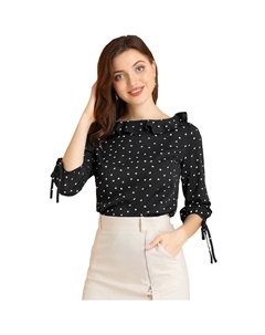 Женский винтажный топ с рукавом 3/4, блузка в горошек с оборками и вырезом «лодочка», цвет White Black Allegra k