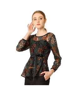 Женские элегантные кружевные блузки с баской и завязками на талии с длинными рукавами, зеленый Allegra k