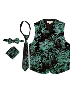 Детский комплект жилетов с рисунком пейсли из 4 предметов — жилет, галстук-бабочка, галстук, нагрудный платок, цвет Metallic Black Green Gioberti