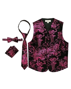 Детский комплект жилетов с рисунком пейсли из 4 предметов — жилет, галстук-бабочка, галстук, нагрудный платок, цвет Metallic Blackfuchsia Gioberti