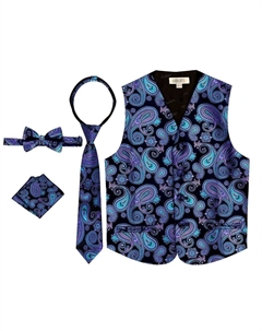 Детский комплект жилетов с рисунком пейсли из 4 предметов — жилет, галстук-бабочка, галстук, нагрудный платок, цвет Purple Green Gioberti