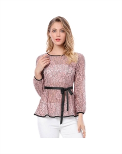 Женские элегантные кружевные блузки с баской и завязками на талии с длинными рукавами, розовый Allegra k