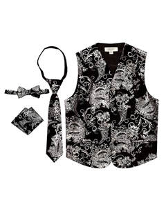 Детский комплект жилетов с рисунком пейсли из 4 предметов — жилет, галстук-бабочка, галстук, нагрудный платок, цвет Metallic Black Silver Gioberti