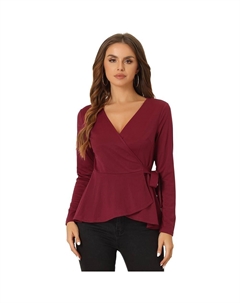 Повседневные топы с баской с запахом для женской элегантной трикотажной блузки с V-образным вырезом и длинными рукавами, красный Allegra k