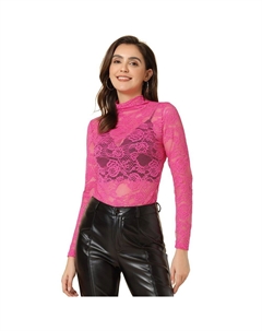 Женская прозрачная водолазка с длинным рукавом, прозрачная кружевная блузка с цветочным принтом, топ, цвет Hot Pink Allegra k