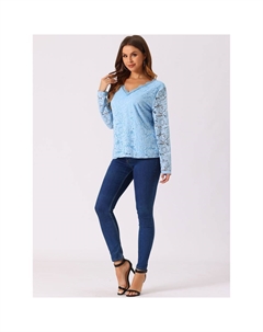 Женская прозрачная кружевная блузка с длинными рукавами и цветочной вышивкой, фиолетовый Allegra k