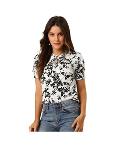 Женская повседневная блузка с короткими рукавами и цветочным принтом с рюшами и V-образным вырезом, белый Allegra k