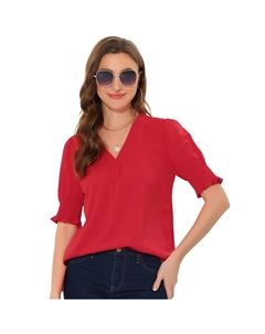 Блузка с пузырьковыми рукавами для женщин, блузка с коротким рукавом и V-образным вырезом, красный Allegra k