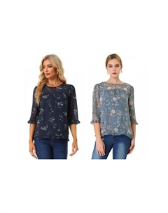 Комплект из 2 женских повседневных шифоновых блузок с рюшами и рукавами 3/4 с цветочным принтом, цвет Grey Blue Navy Blue Allegra k