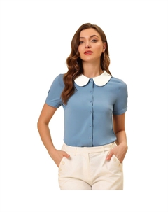 Женская офисная контрастная блузка с воротником Питера Пэна и короткими рукавами, цвет Dusty Blue Allegra k