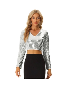 Укороченный топ с пайетками для женщин, блестящая блузка для вечеринок с длинным рукавом и V-образным вырезом, цвет Silver Allegra k