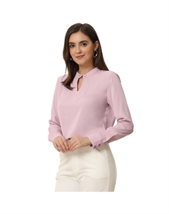 Женская плиссированная блузка с воротником-стойкой и жемчужным декором, элегантная рабочая блузка, топ, розовый Allegra k