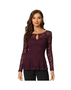 Женские кружевные топы с вырезом спереди и баской по краю, прозрачная блузка с длинными рукавами, цвет Purplish Red Allegra k