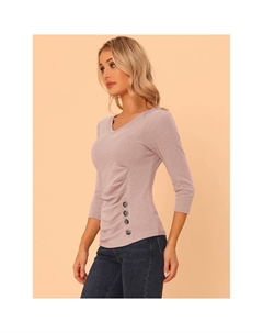 Женская однотонная блузка с V-образным вырезом и рукавами 3/4, вязаный топ с рюшами и пуговицами, цвет Light Gray Allegra k