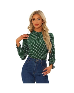 Женская повседневная блузка с длинными рукавами и принтом, с оборками и воротником-стойкой, цвет Dark Green Allegra k