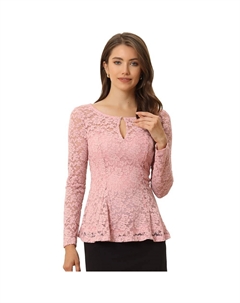 Женские кружевные топы с вырезом спереди и баской по краю, прозрачная блузка с длинными рукавами, розовый Allegra k