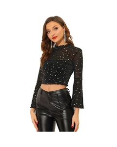 Укороченный сетчатый топ для женщин с узором рождественских звезд и блестящей прозрачной блузкой, черный Allegra k