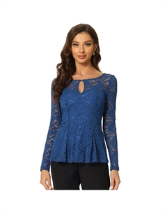 Женские кружевные топы с вырезом спереди и баской по краю, прозрачная блузка с длинными рукавами, цвет Royal Blue Allegra k