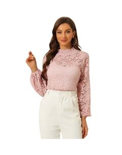 Женская прозрачная блузка с кружевным топом и цветочным принтом, водолазка с длинным рукавом, розовый Allegra k