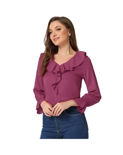 Женские крестьянские блузки с рюшами и V-образным вырезом Элегантная шифоновая блузка Топ, цвет Fushcia Allegra k