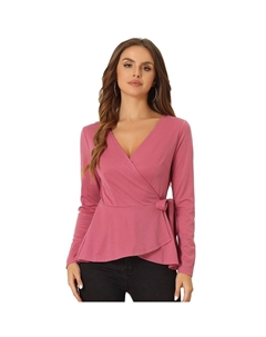 Повседневные топы с баской с запахом для женской элегантной трикотажной блузки с V-образным вырезом и длинными рукавами, цвет Orange Pink Allegra k