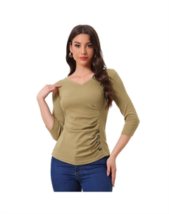 Женская однотонная блузка с V-образным вырезом и рукавами 3/4, вязаный топ с рюшами и пуговицами, цвет Tan Allegra k