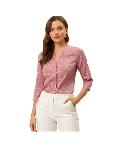 Женская повседневная блузка на пуговицах с рукавом 3/4 в горошек, топ, розовый Allegra k
