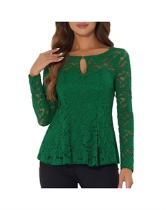 Женские кружевные топы с вырезом спереди и баской по краю, прозрачная блузка с длинными рукавами, зеленый Allegra k