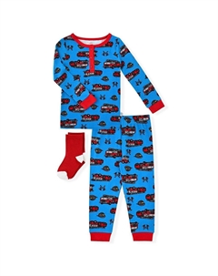 Пижамный комплект для маленьких мальчиков из 2 предметов из сверхмягкого трикотажа с подходящими по размеру пижамными комплектами и носками в тон, цвет Fire Trucks Sleep on it