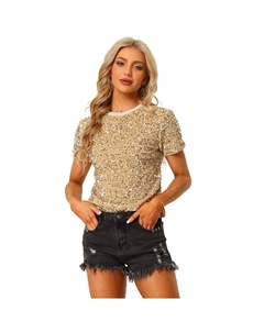 Женская бархатная клубная блузка с круглым вырезом и короткими рукавами и пайетками, золотой Allegra k