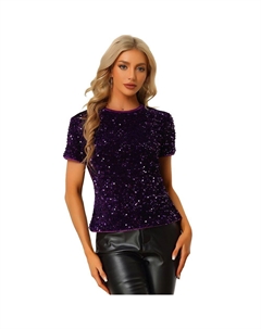 Женская бархатная клубная блузка с круглым вырезом и короткими рукавами и пайетками, фиолетовый Allegra k