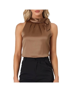 Женская элегантная атласная однотонная рабочая блузка без рукавов с галстуком-бабочкой и воротником-стойкой, коричневый Allegra k