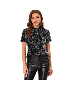 Женская бархатная клубная блузка с круглым вырезом и короткими рукавами и пайетками, черный Allegra k