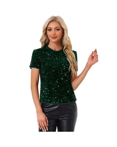 Женская бархатная клубная блузка с круглым вырезом и короткими рукавами и пайетками, цвет Dark Green Allegra k