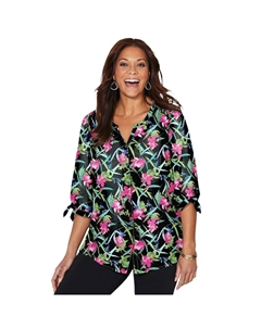 Женская блузка в стиле кафе с завязками на пуговицах и пуговицами, большие размеры,, цвет Black Tropical Floral Catherine's