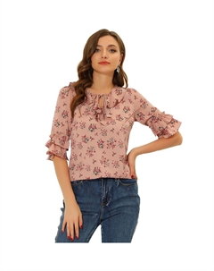 Женская шифоновая блузка с цветочным принтом и завязками на шее, топ с расклешенными рукавами и рюшами, розовый Allegra k