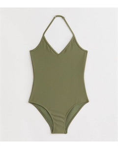 Купальник цвета хаки для девочек с отделкой в ​​рубчик с бретелькой на шее, оливковый New look