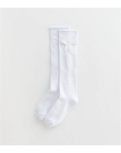 Комплект из 2 белых хлопковых носков до колена с бантом для девочек, белый New look