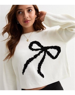 Белый вязаный укороченный джемпер с бантом и интарсией для девочек, белый New look