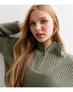 Оливковый вязаный джемпер с полумолнией для девочек, оливковый New look