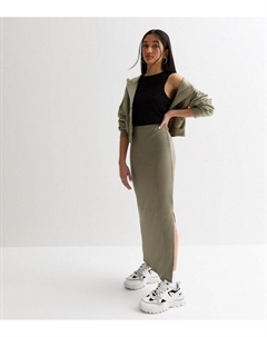 Макси-юбка цвета хаки в рубчик с разрезом по краю для девочек, хаки New look