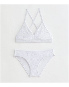 Белый комплект бикини с треугольными чашечками для девочек, связанный крючком, белый New look