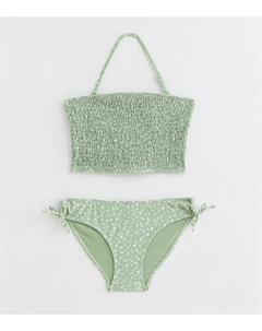 Светло-зеленый комплект бикини с текстурой бандо и цветочным принтом для девочек, зеленый New look