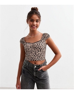 Коричневый топ с квадратным вырезом и жатым леопардовым принтом для девочек, коричневый New look