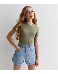 Оливковая футболка в рубчик с круглым вырезом для девочек, оливковый New look