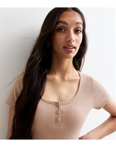 Футболка с пуговицами в рубчик светло-коричневого цвета для девочек, песочный New look