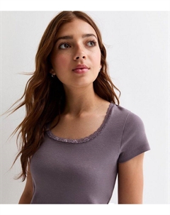 Фиолетовая хлопковая футболка с квадратным вырезом и кружевной отделкой для девочек , светло-фиолетовый New look