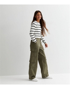 Хлопковые широкие брюки карго цвета хаки для девочек, хаки New look