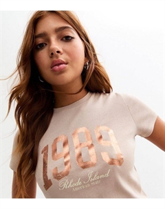 Коричневая хлопковая футболка с принтом 1989 года для девочек, светло-коричневый New look